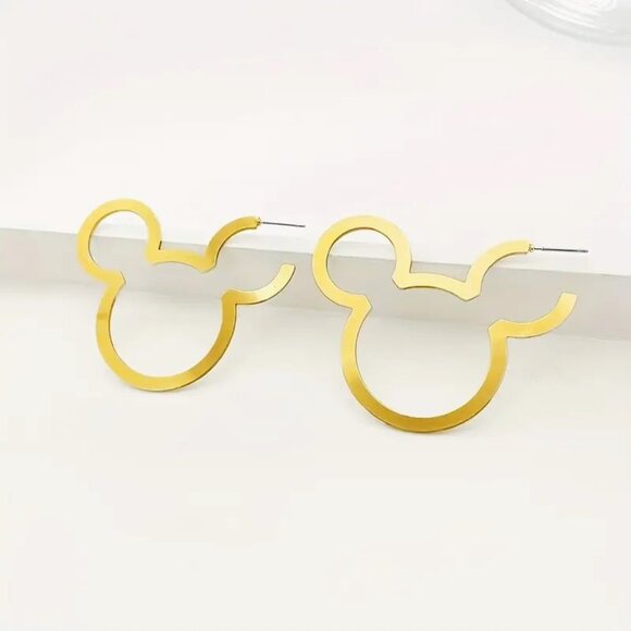 Earrings Mickey Mouse Disney Gold Hoop Head Glam Trendy Vacation Logo Stylish - Picture 2 of 3
